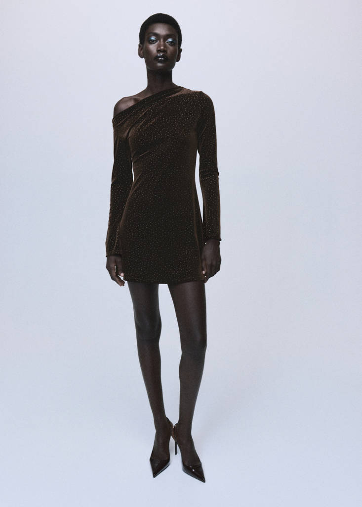 MANGO - Robe asymétrique en velours pailleté marron - M