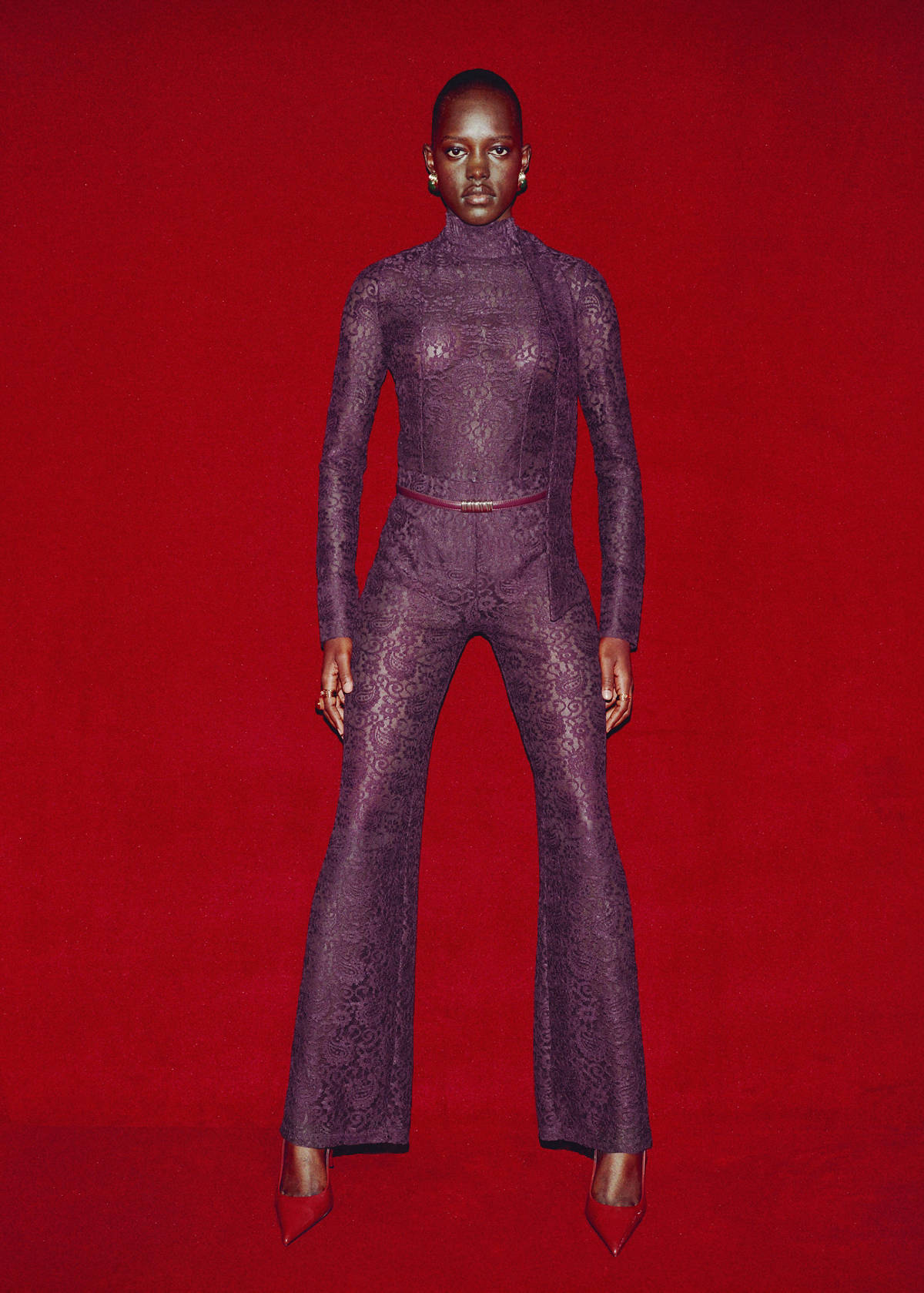 Straight-fit lace trousers — Wine