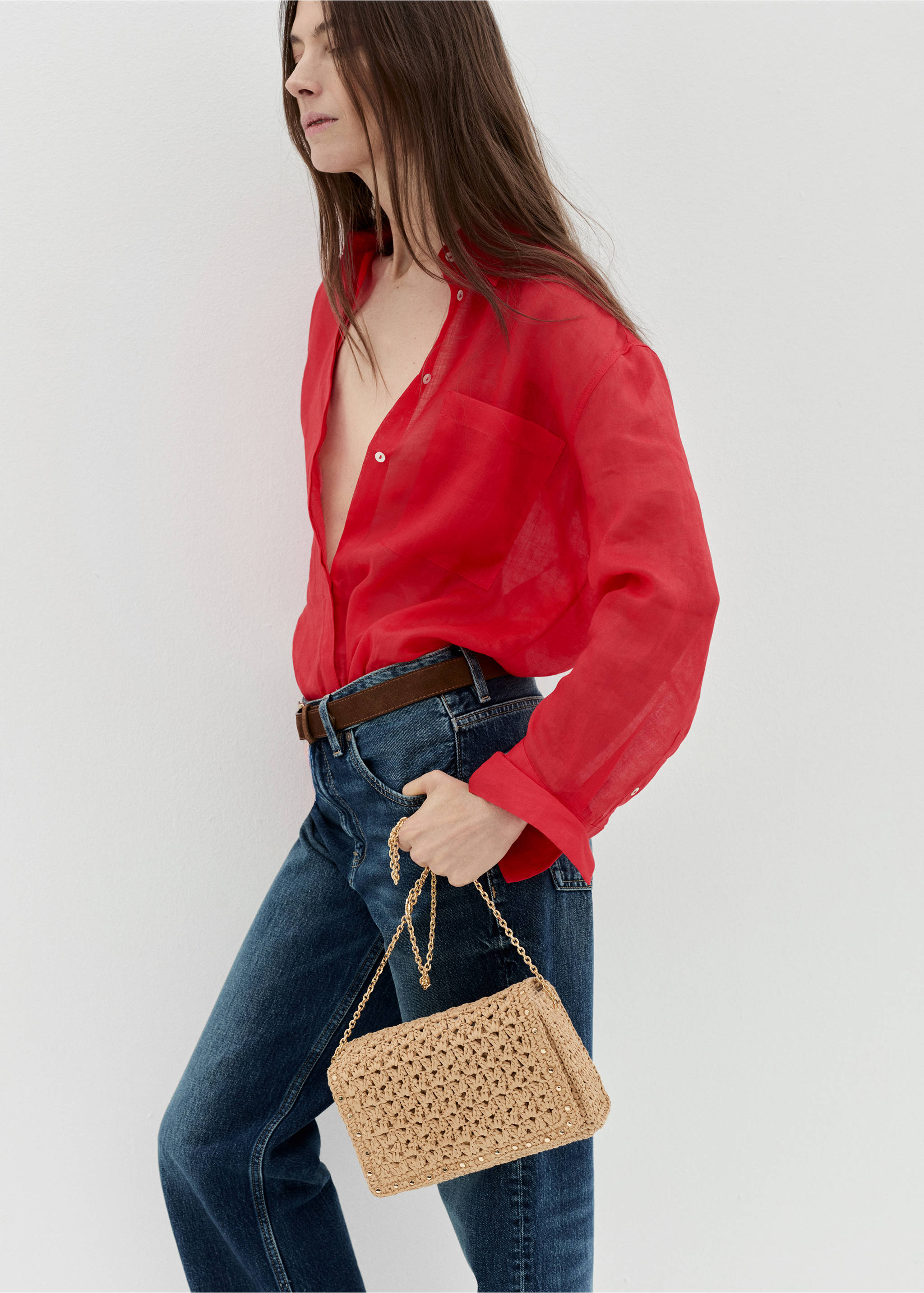 Natural fiber shoulder bag with studs - General plane, Beige. Ref: 17051120-00.