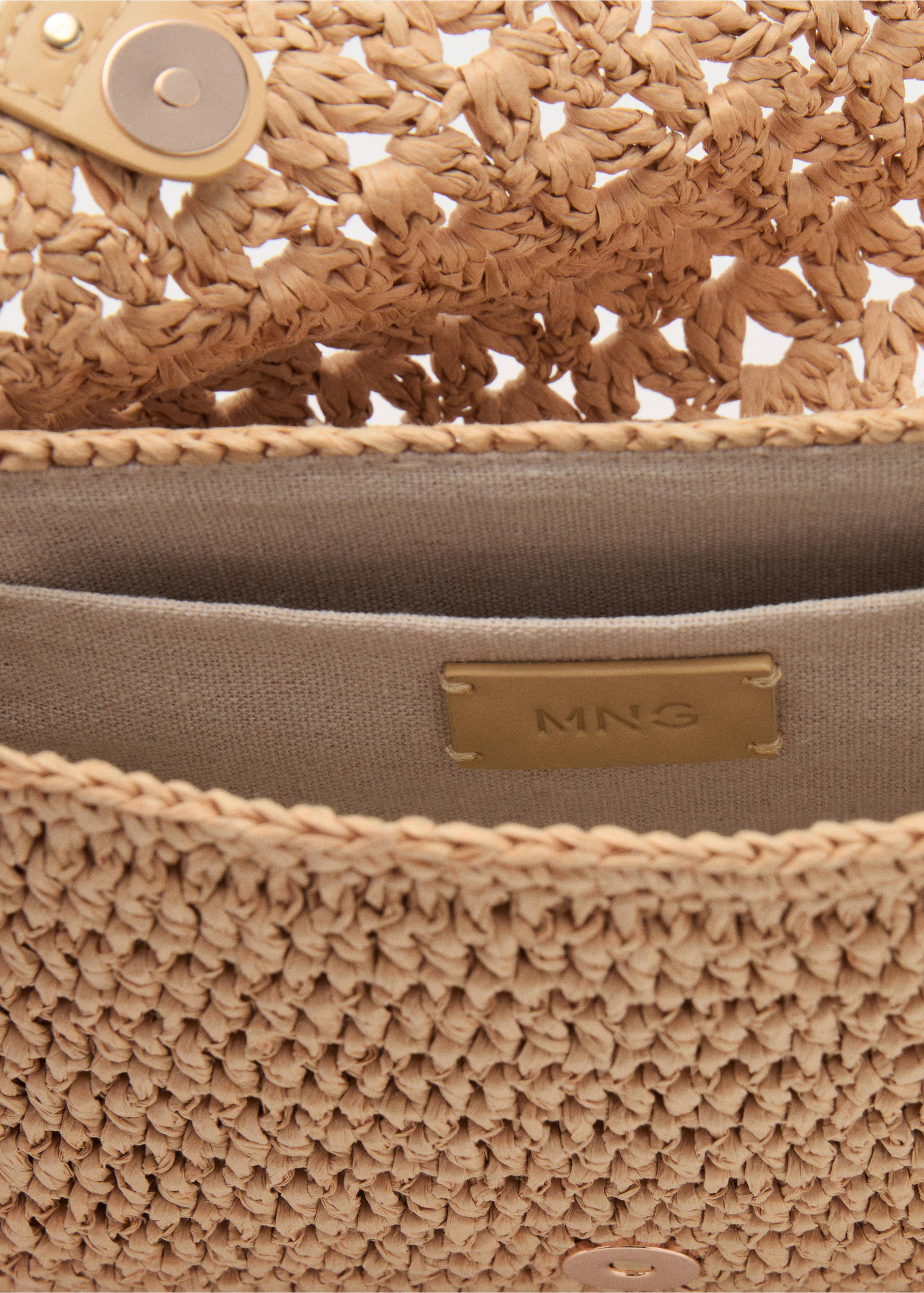Natural fiber shoulder bag with studs - Details of the article 3, Beige. Ref: 17051120-00.