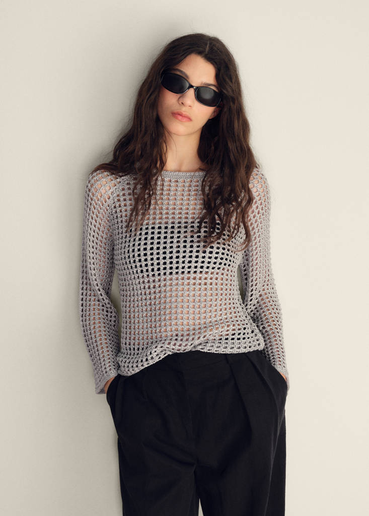 Long-sleeved crochet sweater — Silver