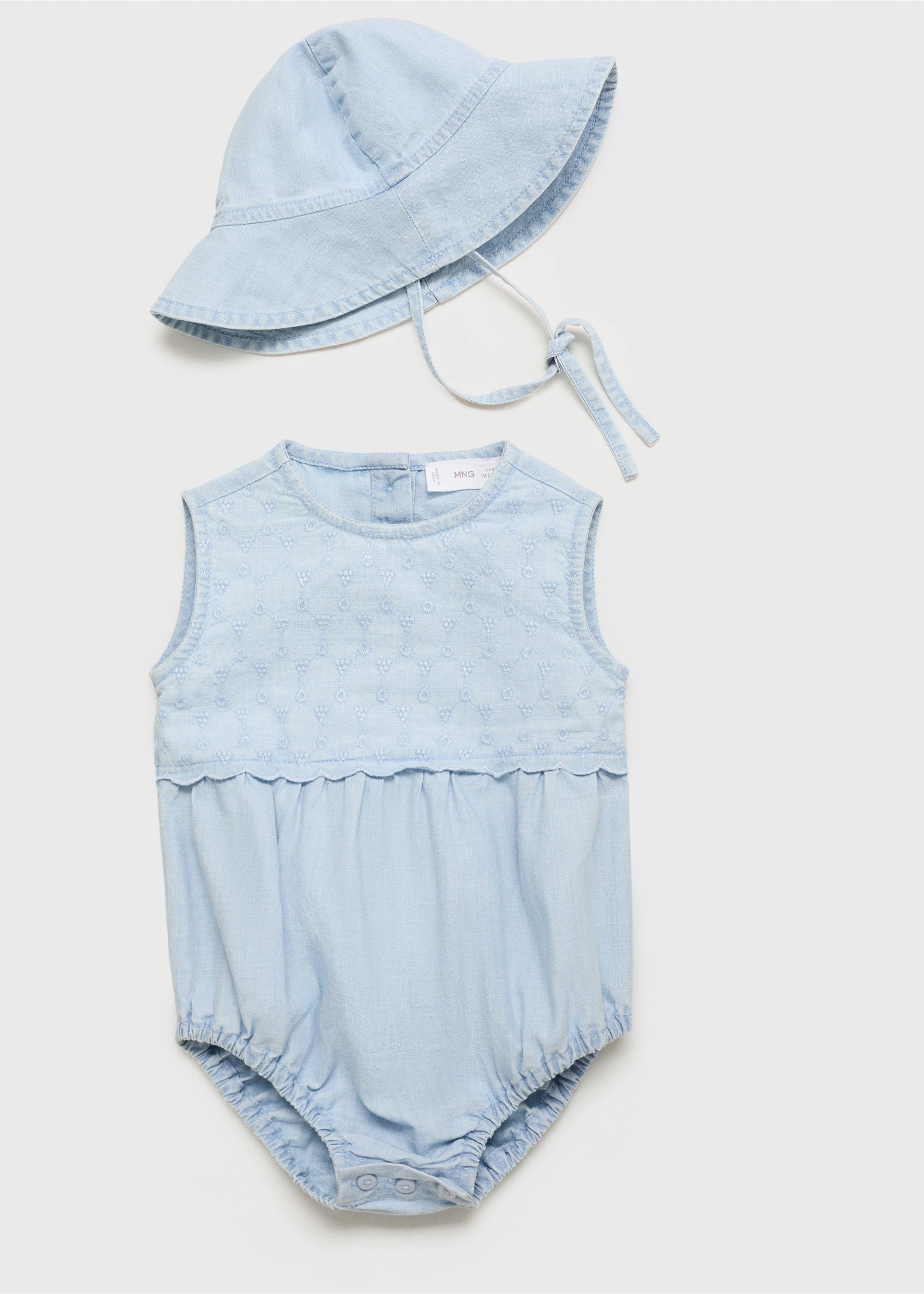 Embroidered denim romper - Details of the article 8, Light Blue. Ref: 17051142-00.