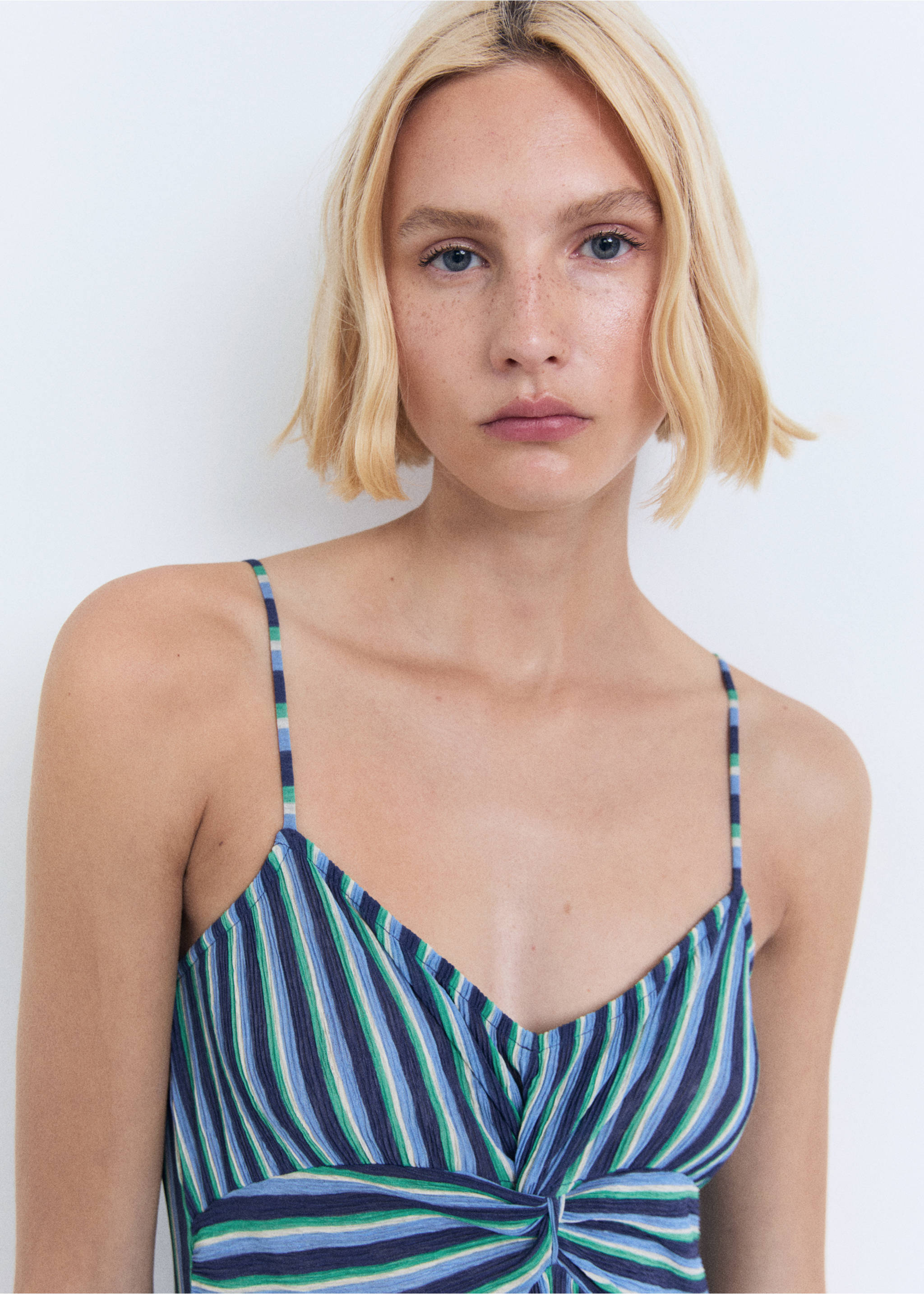 Striped gathered dress - Details of the article 1, Blue. Ref: 17051185-00.