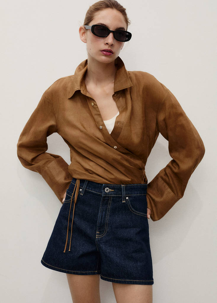 High-waisted straight-fit denim shorts — Open Blue