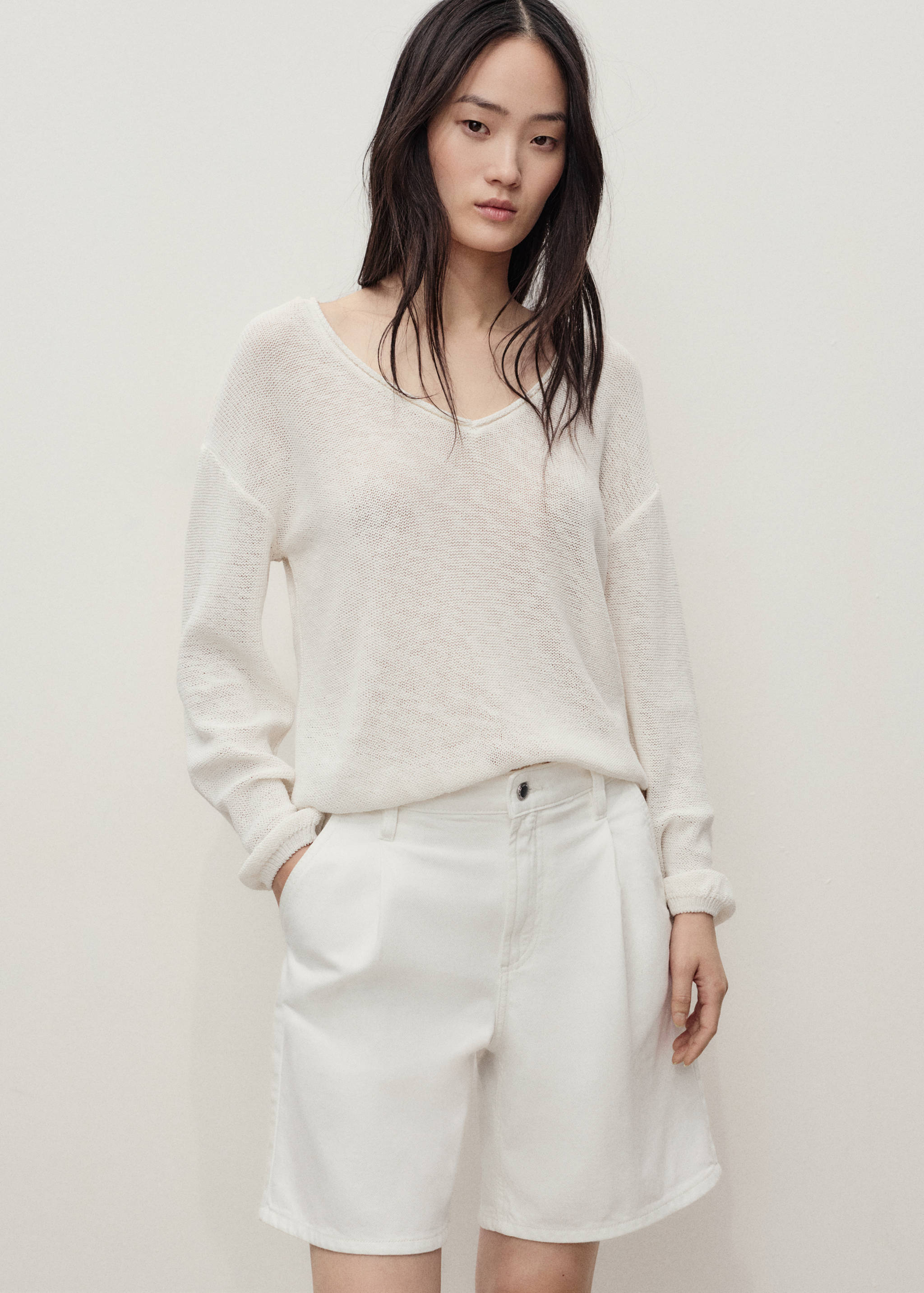 Bermuda en jean taille normale à pinces - Plan moyen