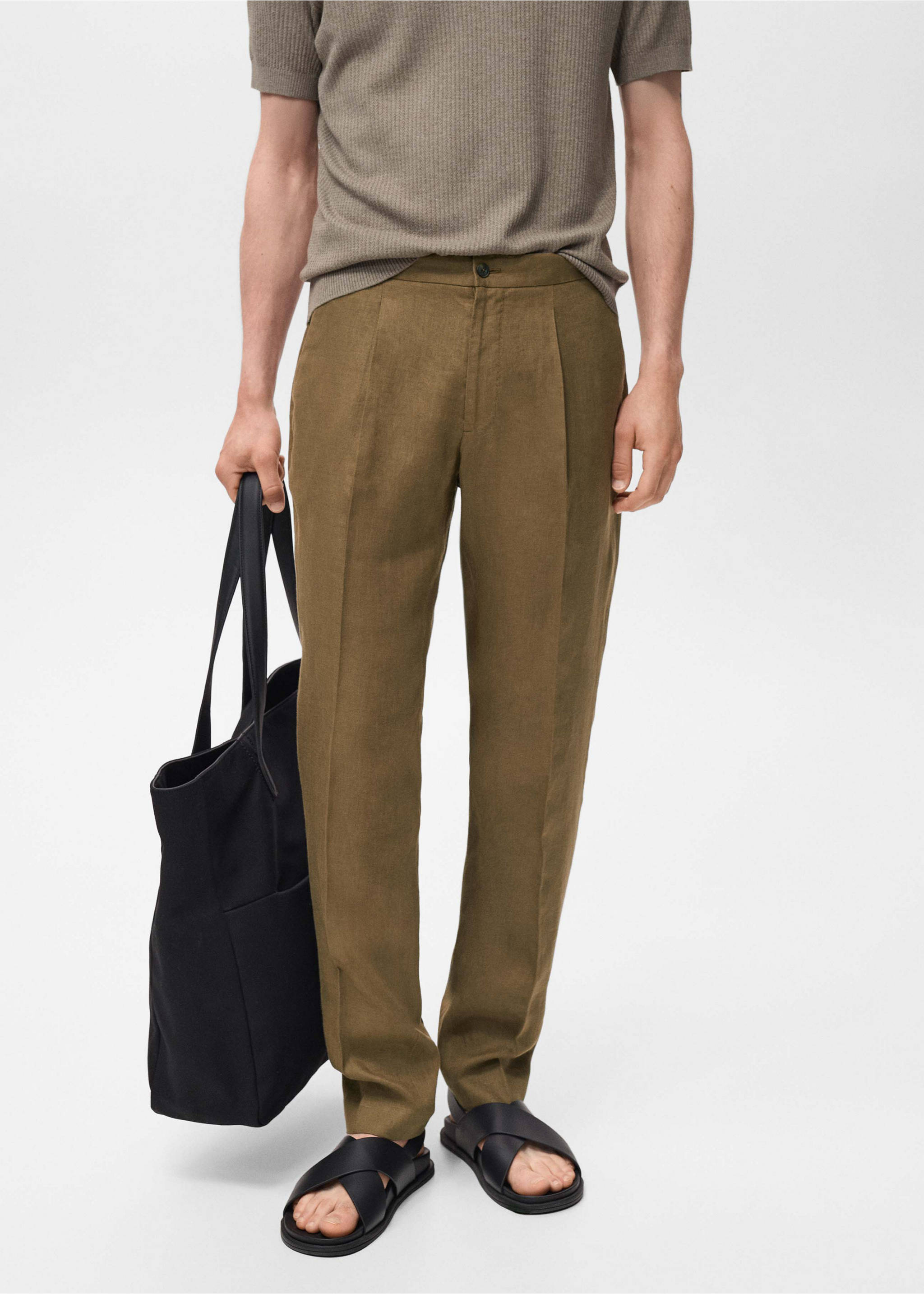Spodnie garniturowe Salerno 100% len slim fit - Plan średni, Khaki. Ref: 17051193-00.