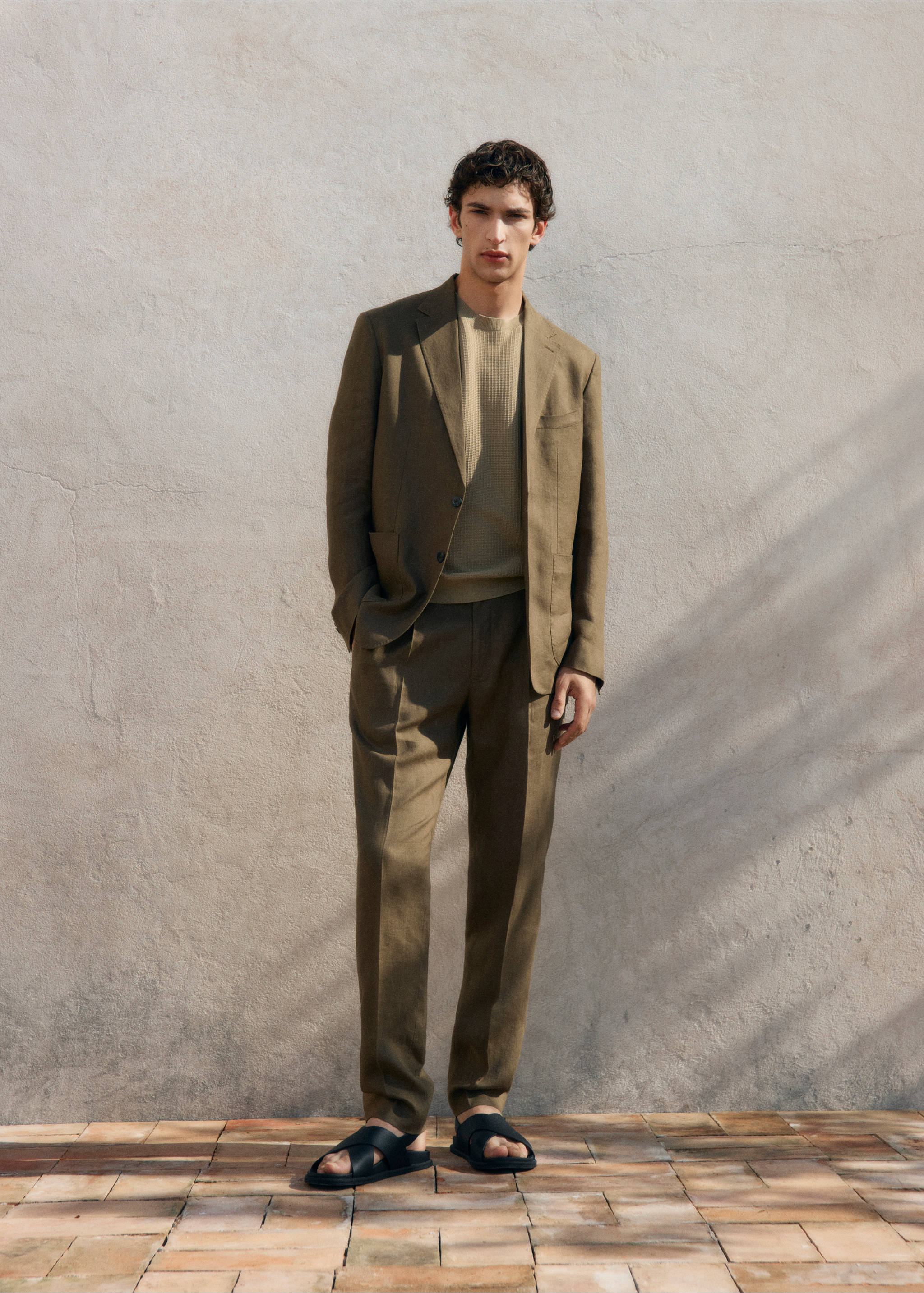 Spodnie garniturowe Salerno 100% len slim fit - Szczegóły artykułu 5, Khaki. Ref: 17051193-00.