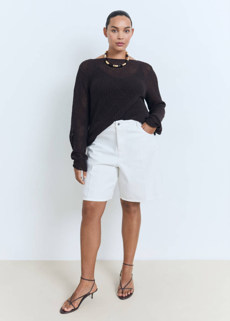 High-waist straight-fit denim shorts — White