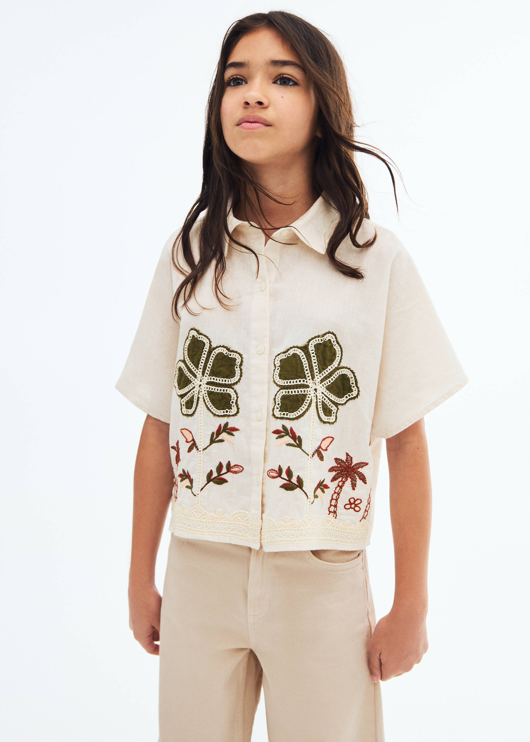 Linen shirt embroidered with flowers - Medium plane