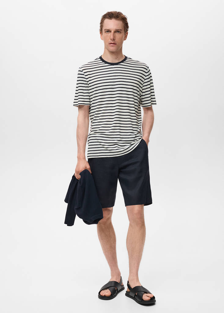 Striped slim-fit linen t-shirt — Navy