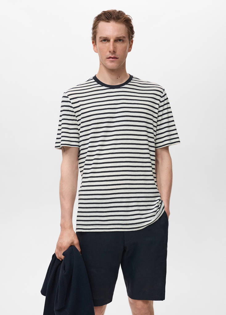 Striped slim-fit linen t-shirt — Navy