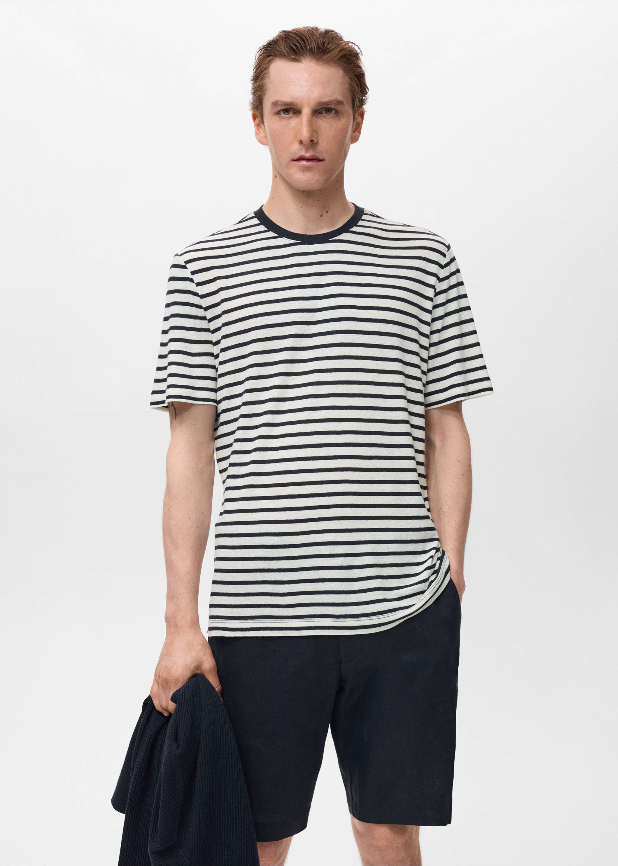 Striped slim-fit linen t-shirt - Medium plane, Navy. Ref: 17051228-00.