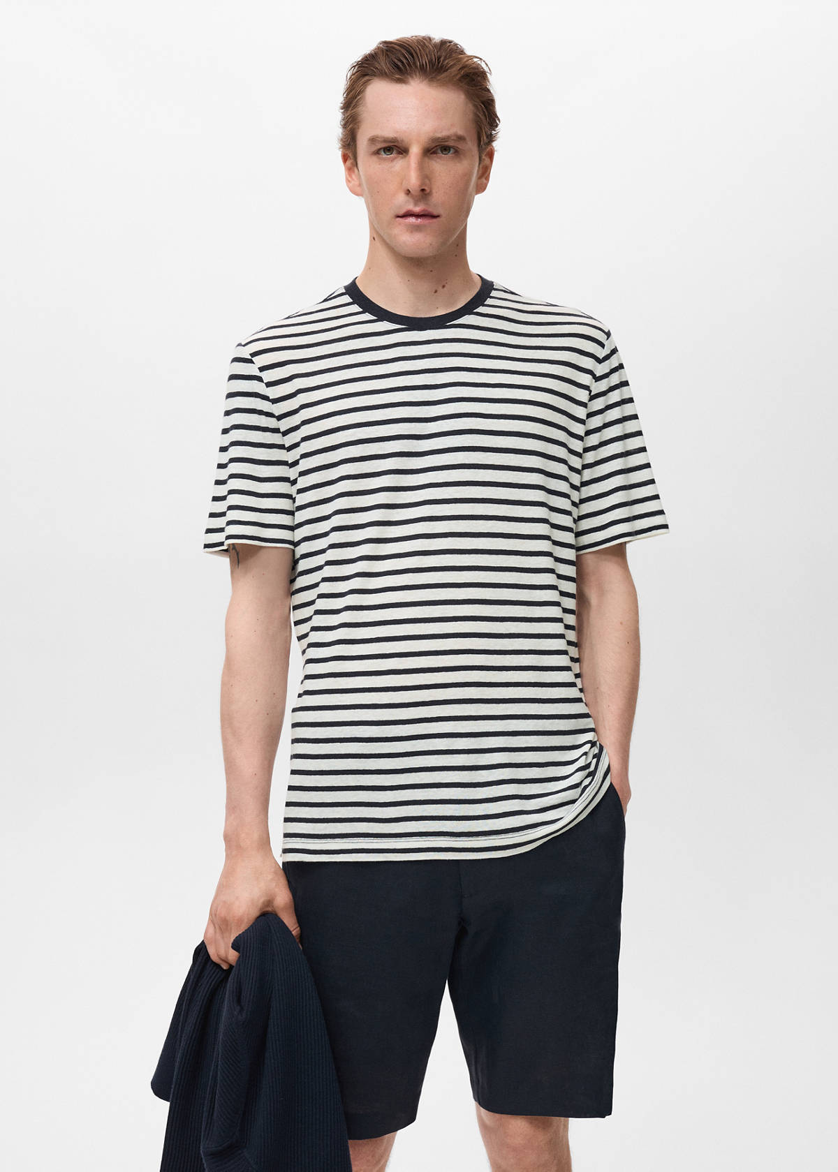 Striped slim-fit linen t-shirt — Navy