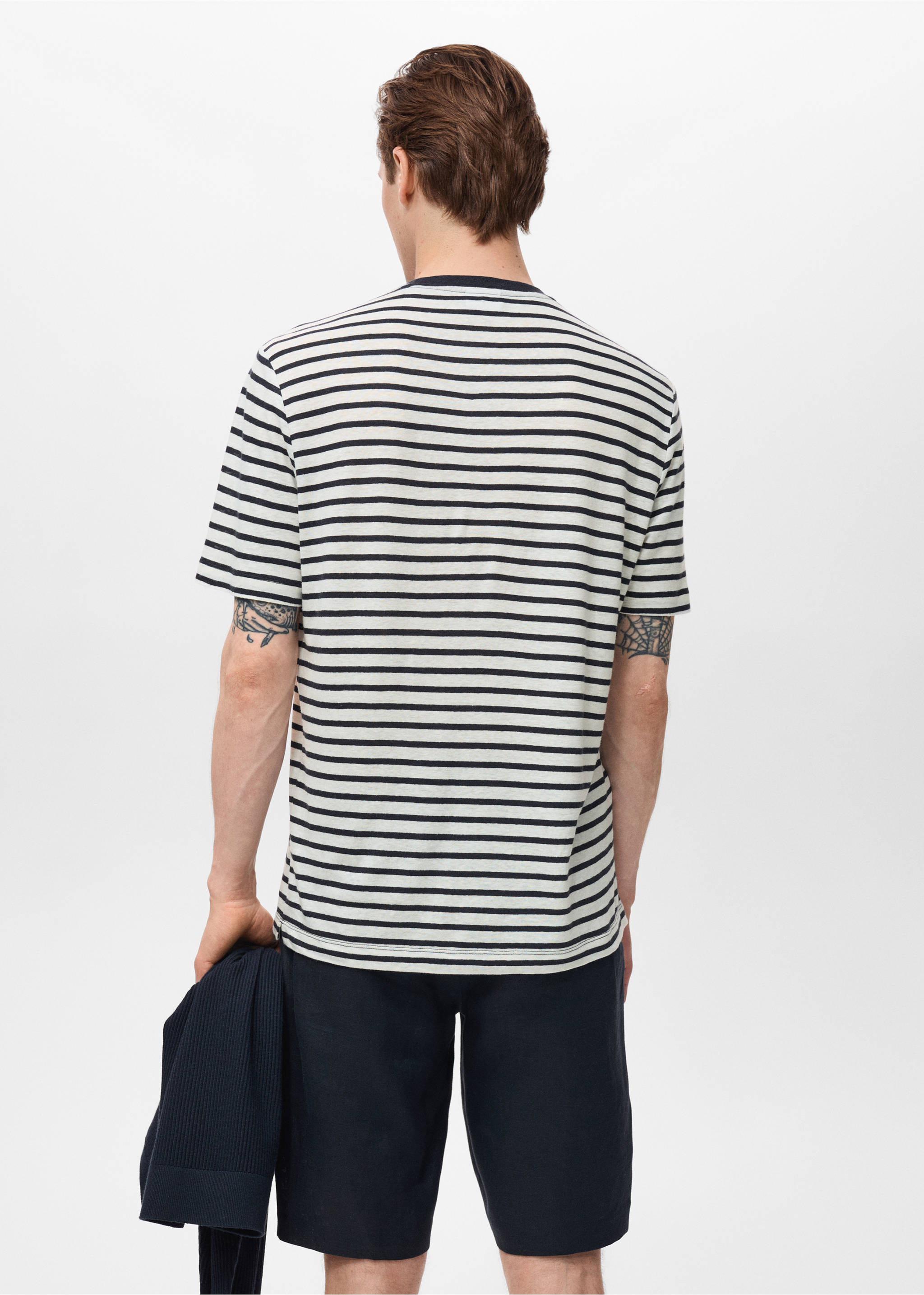 Striped slim-fit linen t-shirt - Reverse of the article, Navy. Ref: 17051228-00.