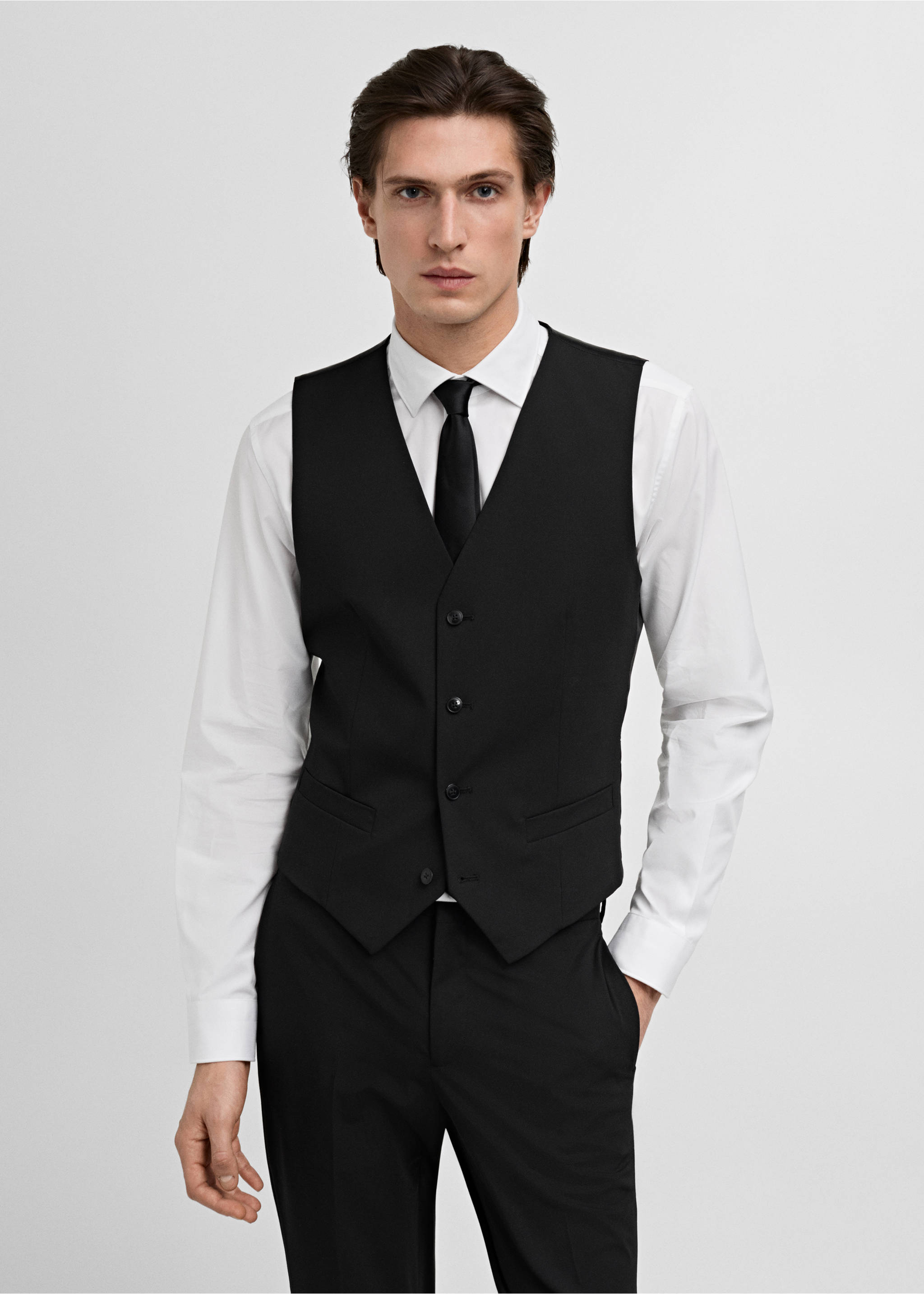 Black suit waistcoat with a V-neckline and button fastening., Black. Ref: 17051236-00.
