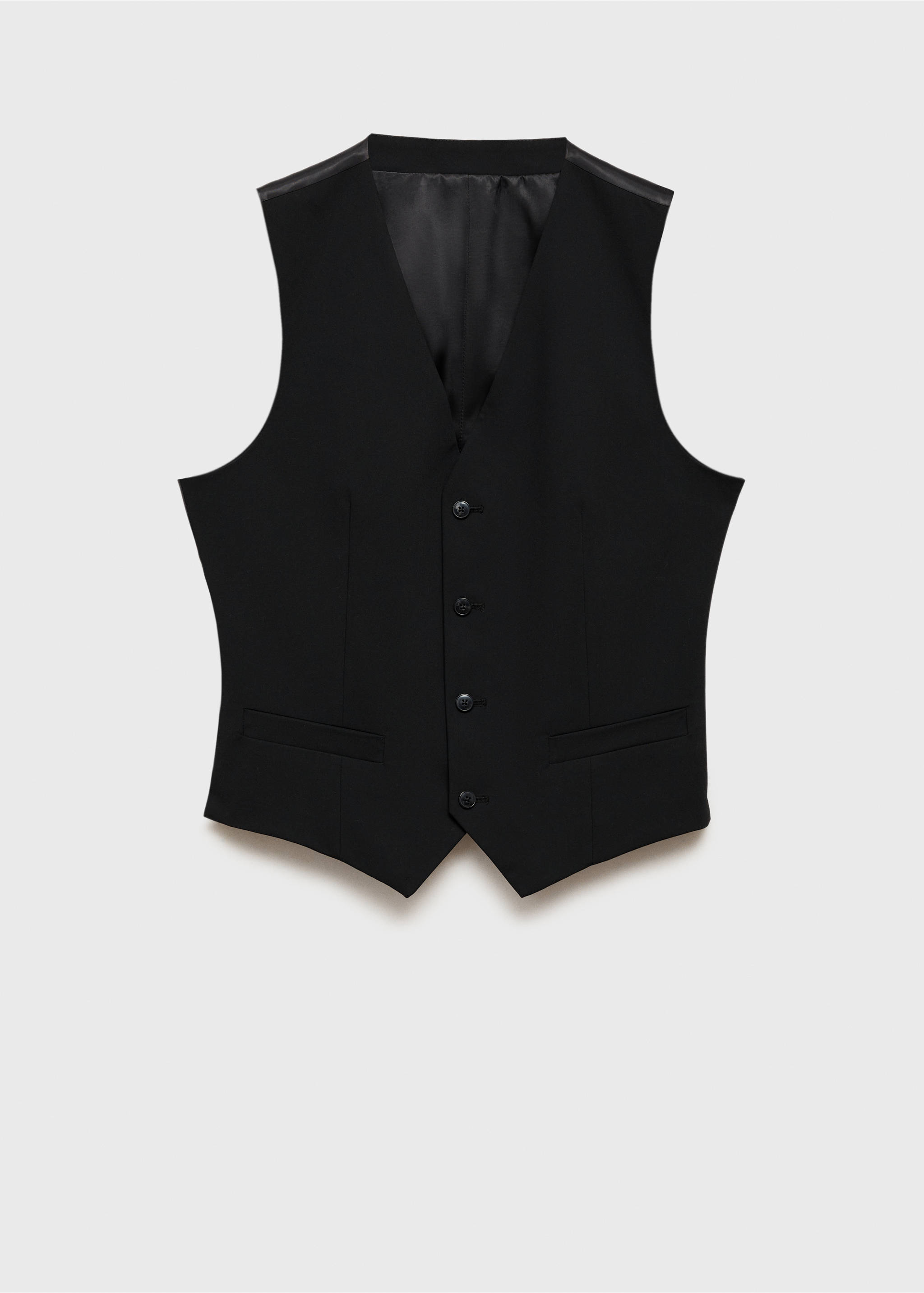 Black men's waistcoat with a V-neck, front buttons, and welt pockets., Black. Ref: 17051236-00.