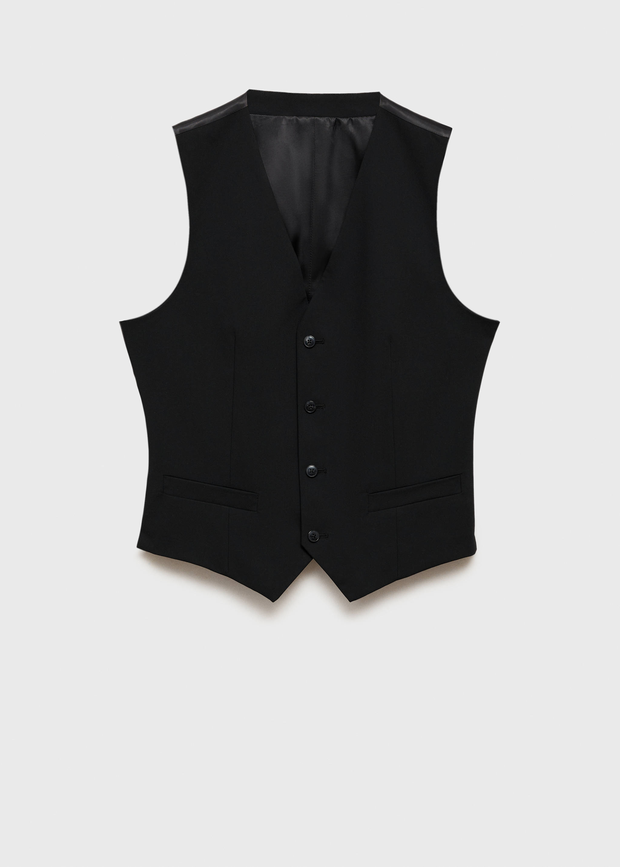 Black men's waistcoat with a V-neck, front buttons, and welt pockets.