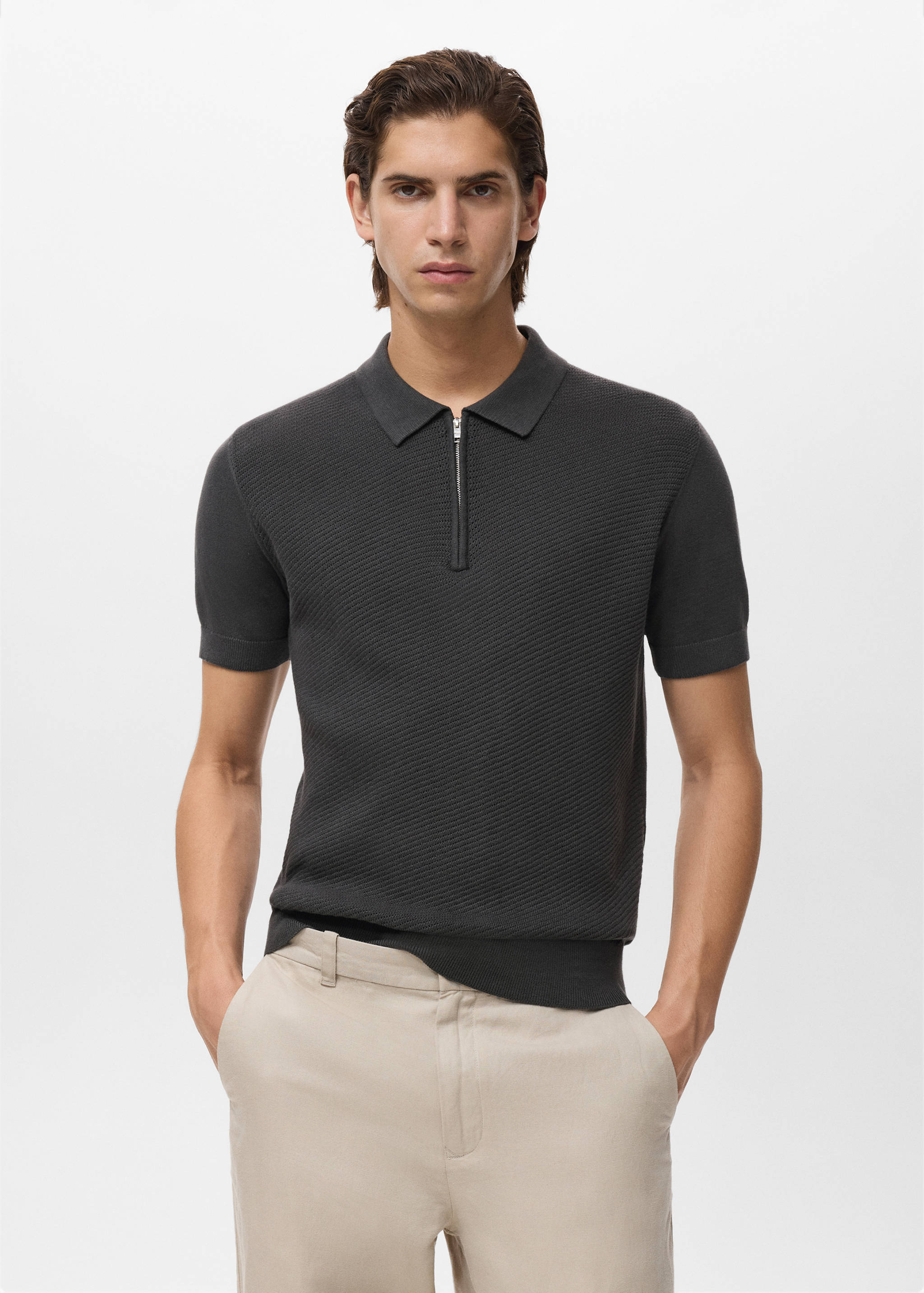Openwork knitted polo shirt with zip - Medium plane