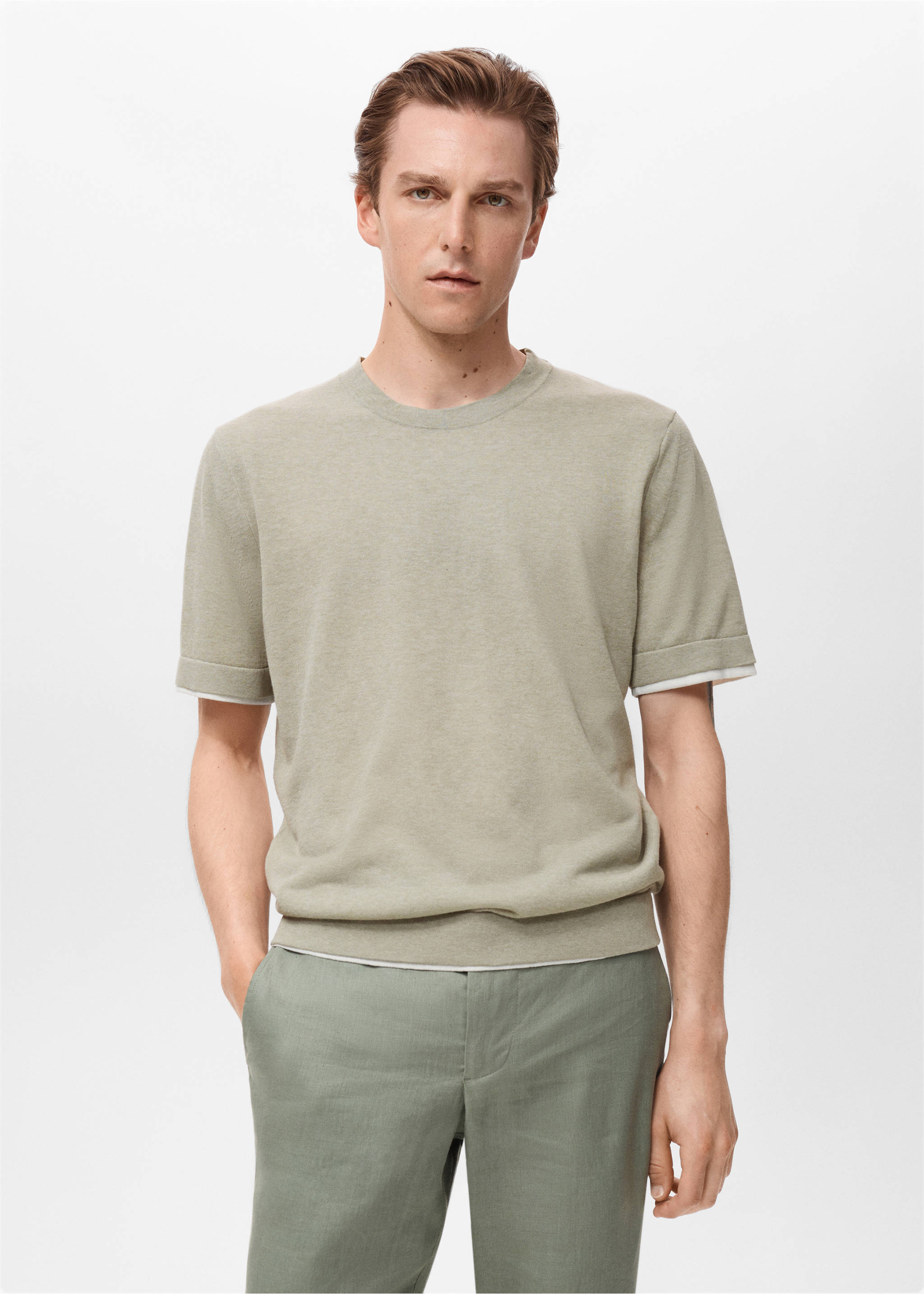 Camiseta combinada algodón - Plano medio, Khaki. Ref: 17051244-00.