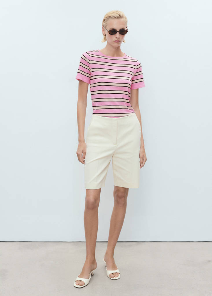Short-sleeved sweater with combined stripes — Pastel Pink