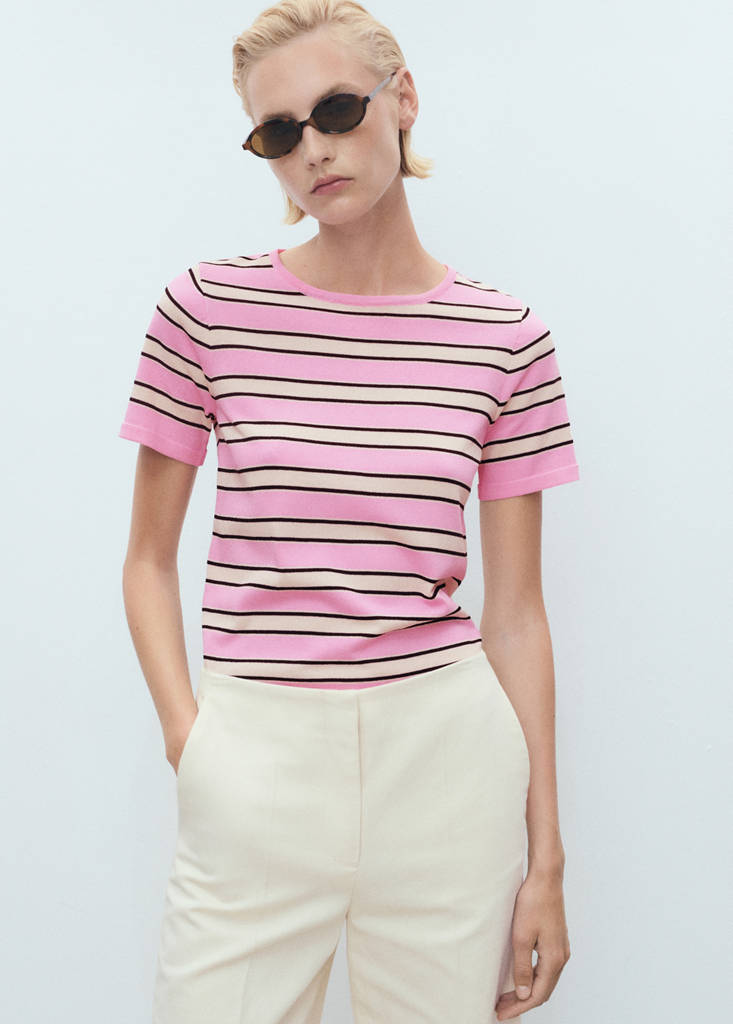 Short-sleeved sweater with combined stripes — Pastel Pink