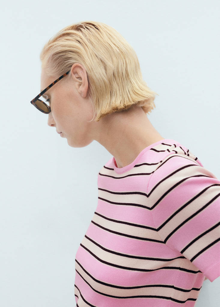 Short-sleeved sweater with combined stripes — Pastel Pink