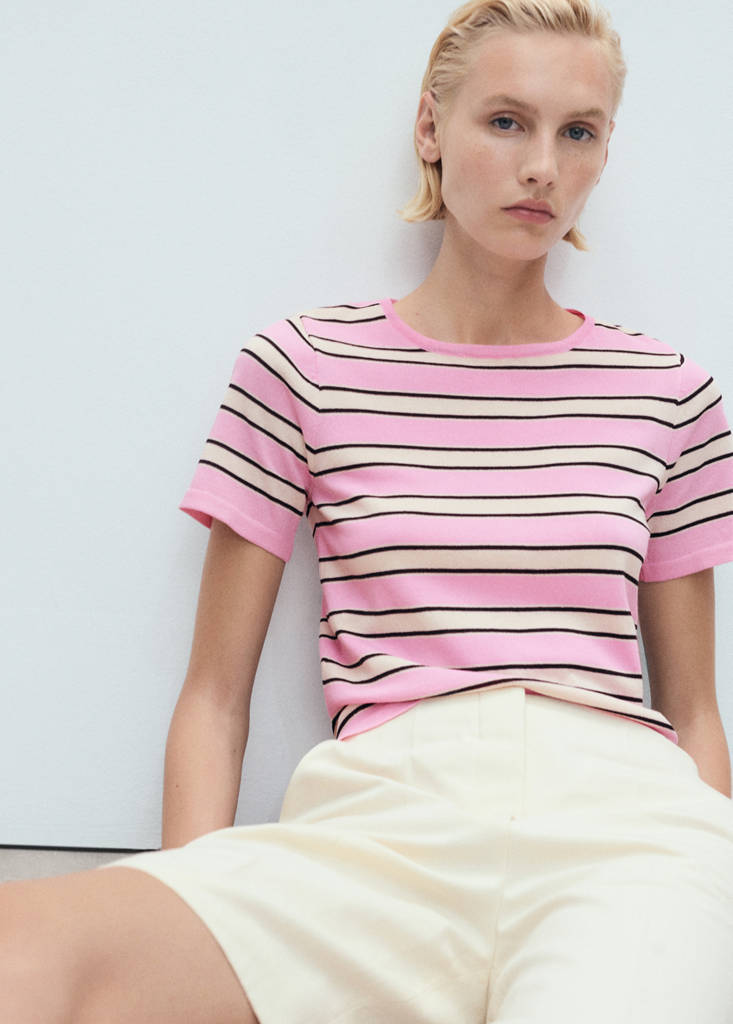 Short-sleeved sweater with combined stripes — Pastel Pink