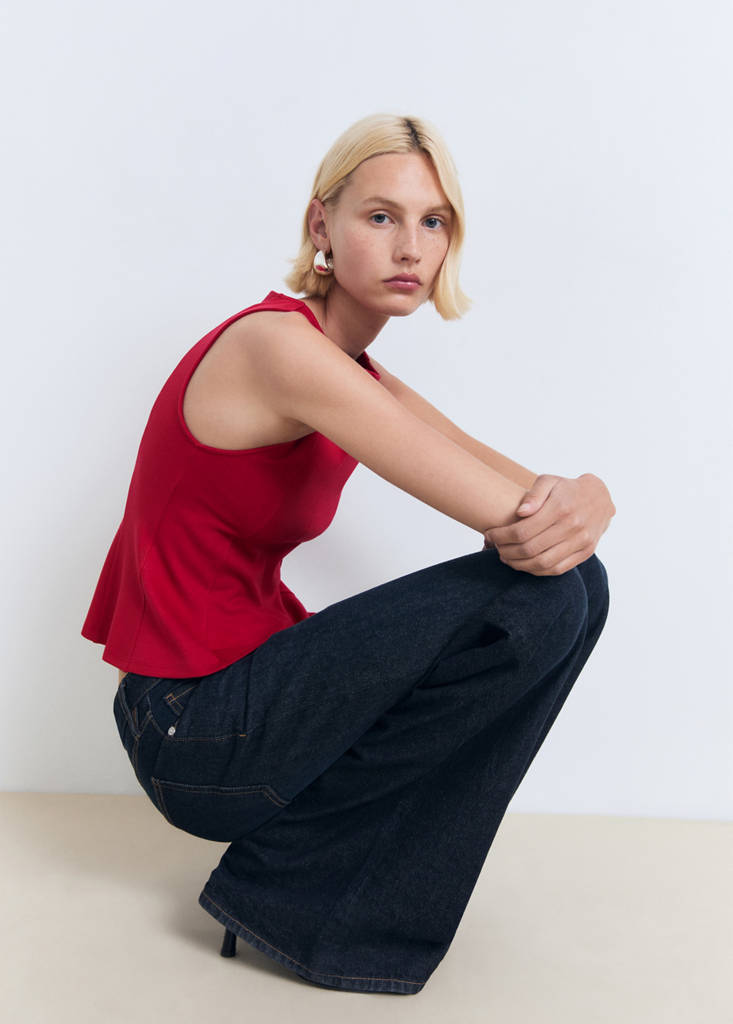 Peplum top with seam detail — Red