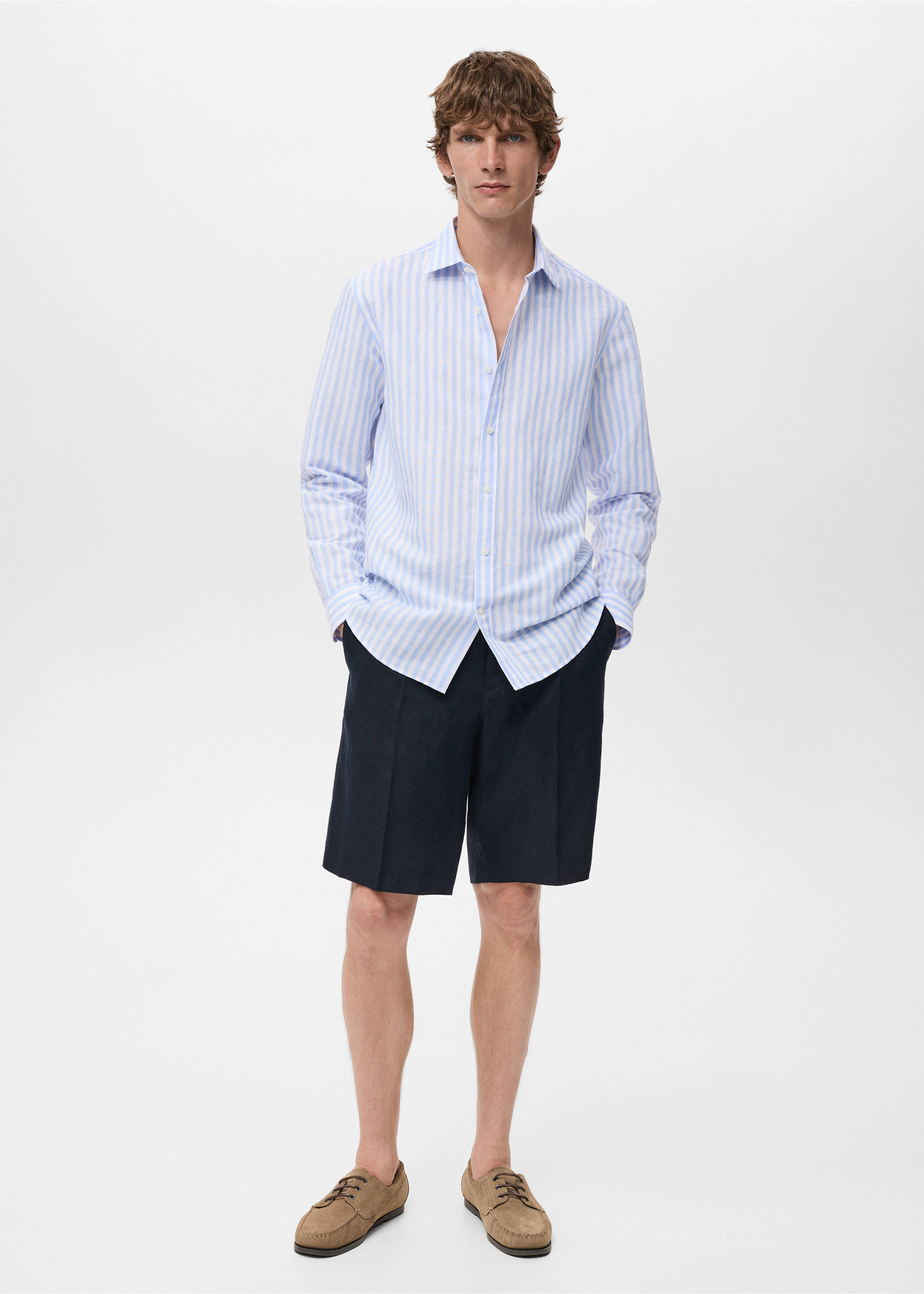 Рубашка regular fit лен и хлопок в полоску - Общий план, Синий. Ref: 17051290-00.