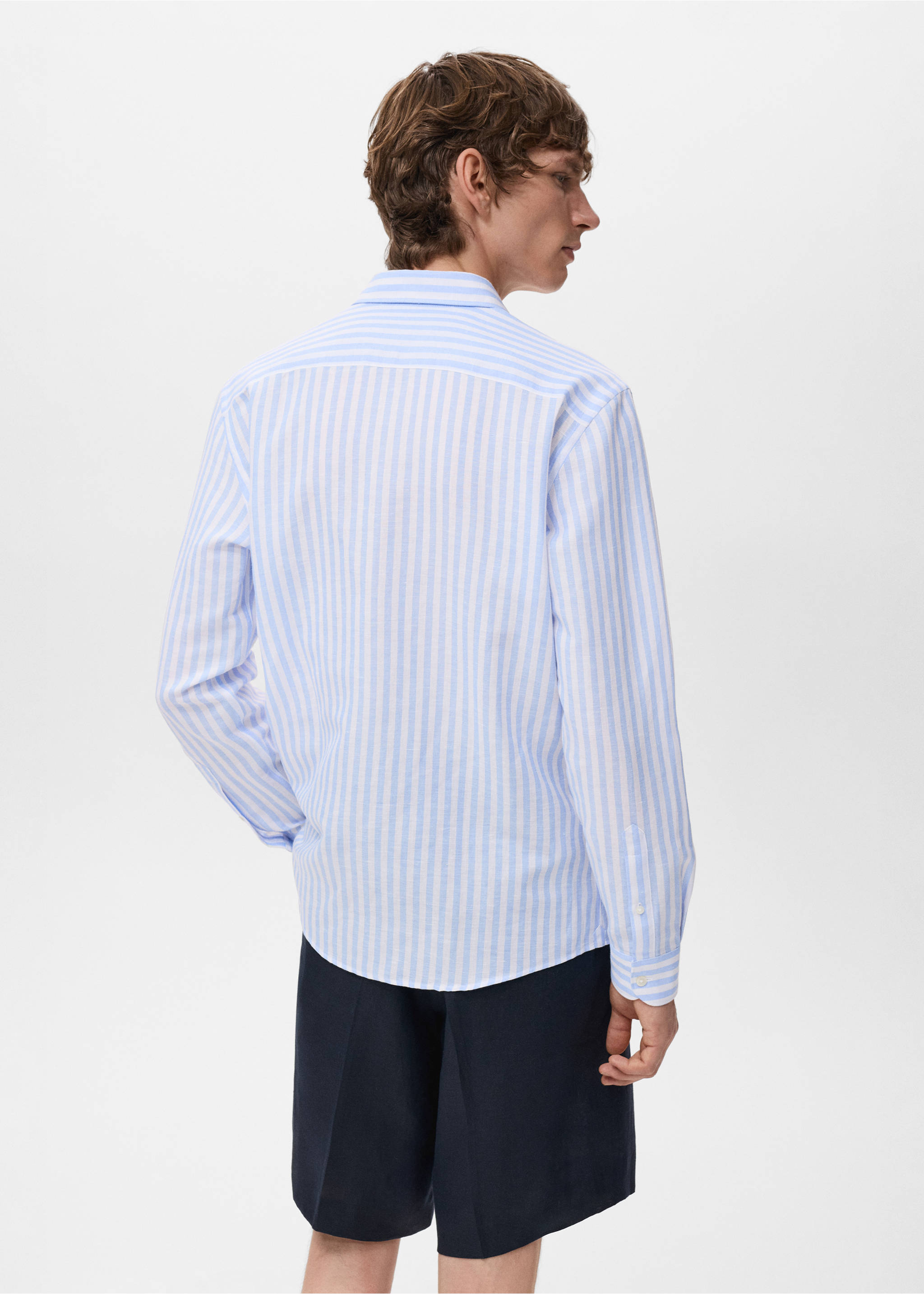 Рубашка regular fit лен и хлопок в полоску - Обратная сторона изделия, Синий. Ref: 17051290-00.