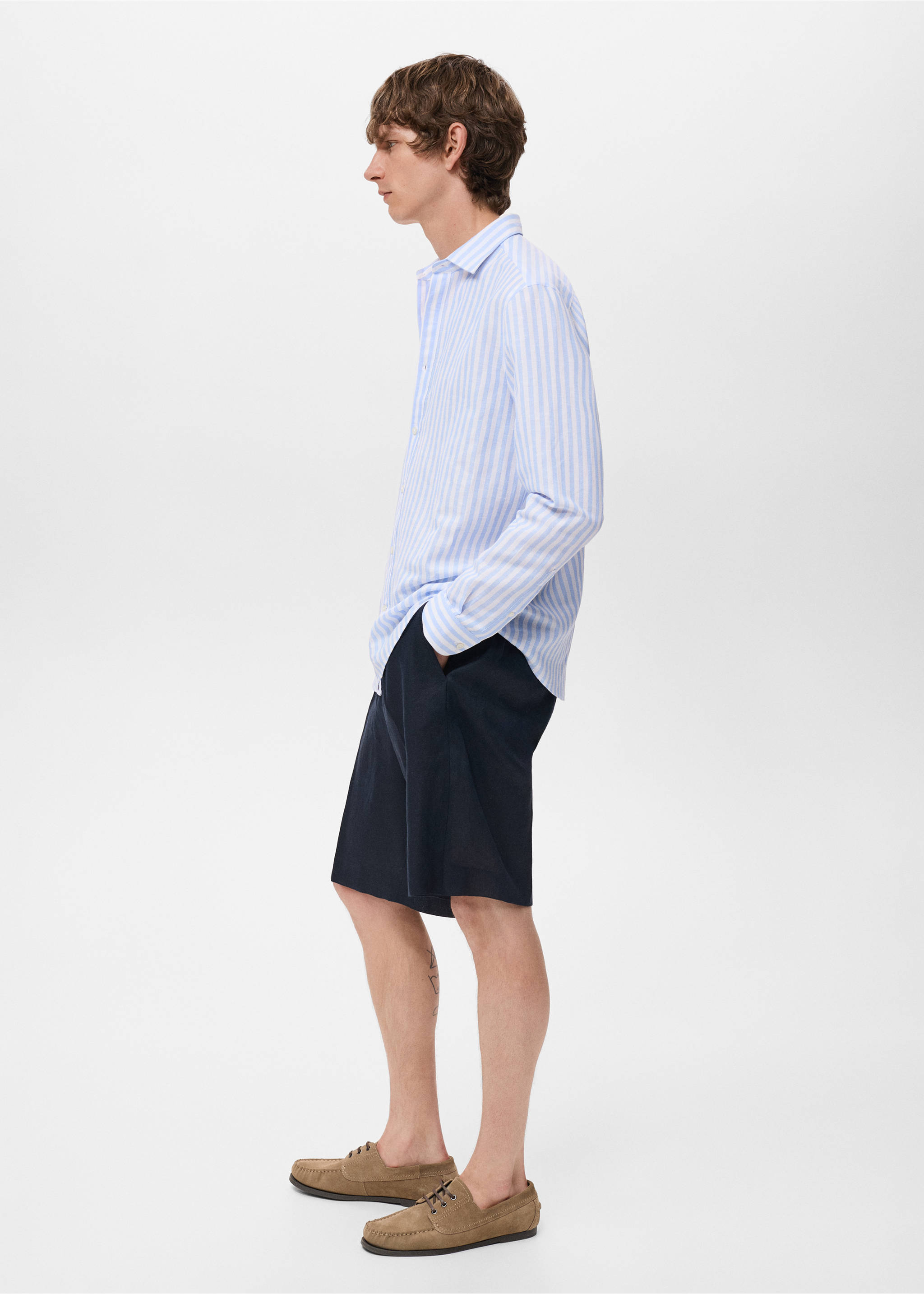 Рубашка regular fit лен и хлопок в полоску - Деталь изделия 3, Синий. Ref: 17051290-00.