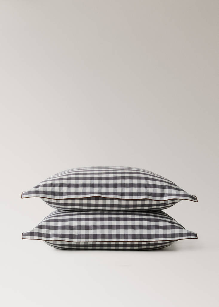 Two percale cotton gingham check pillowcases 60x60 cm — Grey