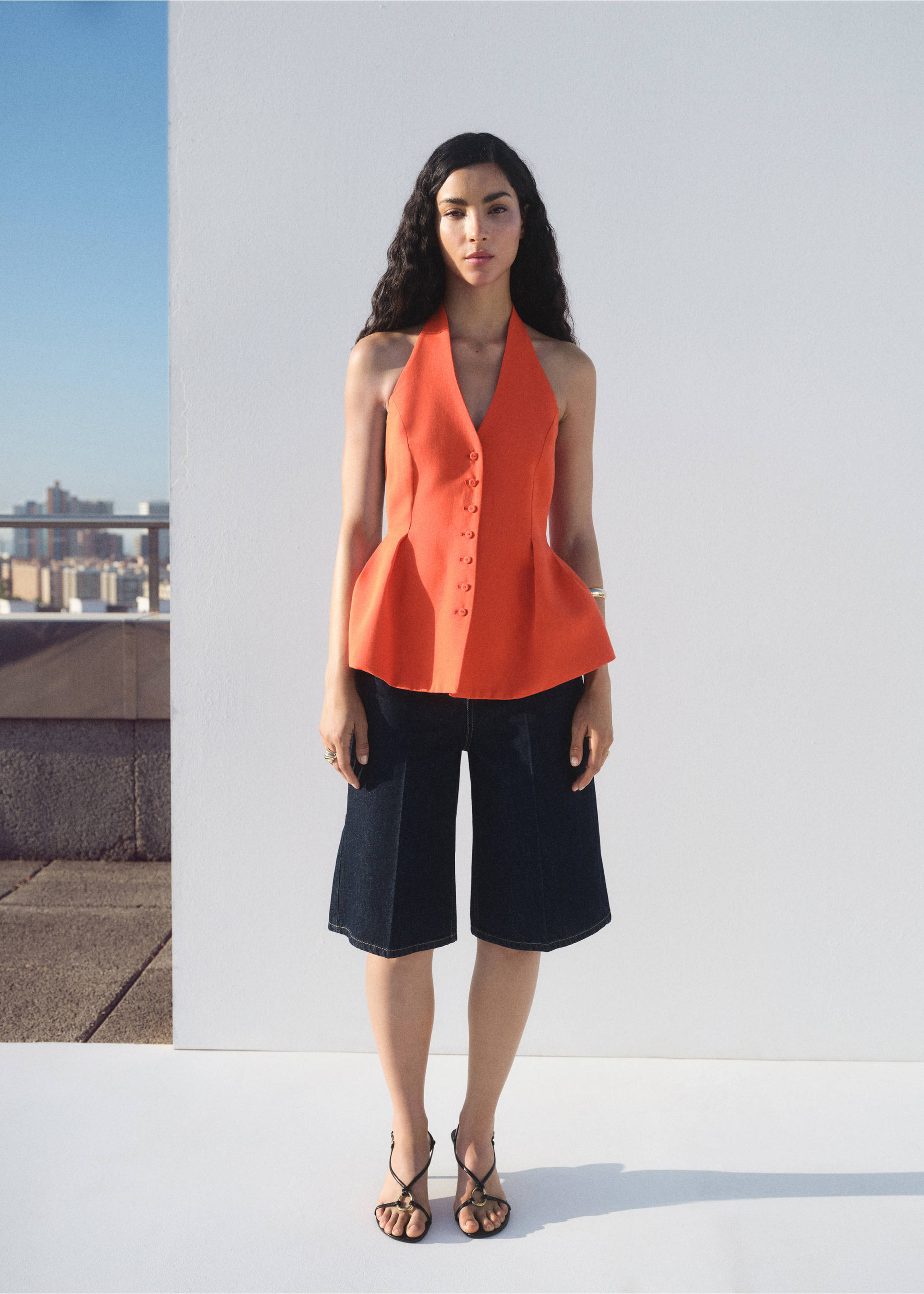 Halter-neck peplum waistcoat - General plane, Coral Red. Ref: 17052038-00.