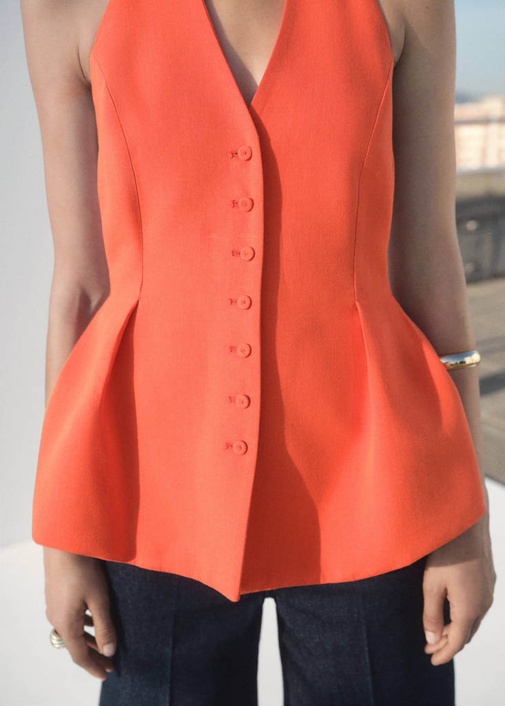 Halter-neck peplum waistcoat — Coral Red