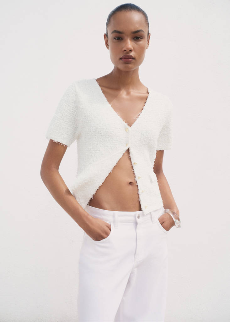 Short-sleeved bouclé cardigan — White
