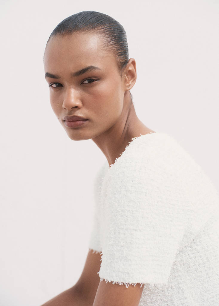Short-sleeved bouclé cardigan — White