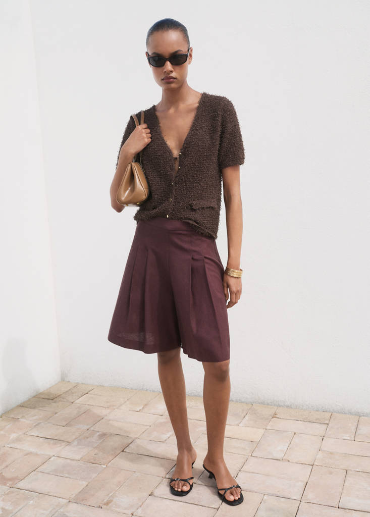 Short-sleeved bouclé cardigan — Chocolate