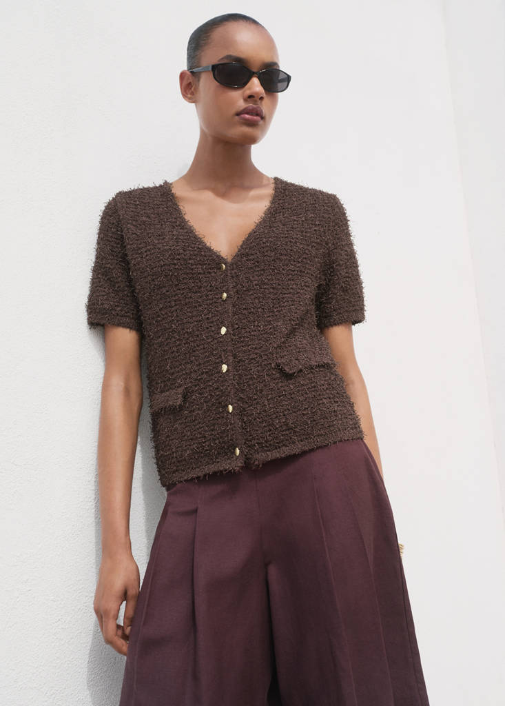 Short-sleeved bouclé cardigan — Chocolate