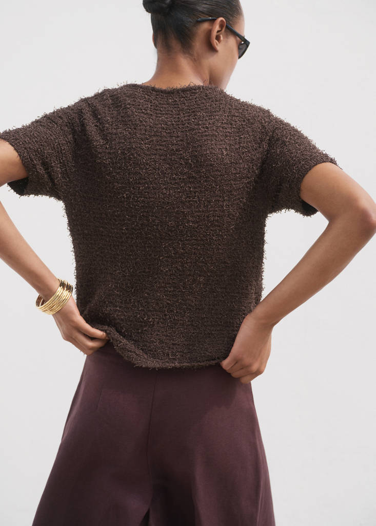 Short-sleeved bouclé cardigan — Chocolate