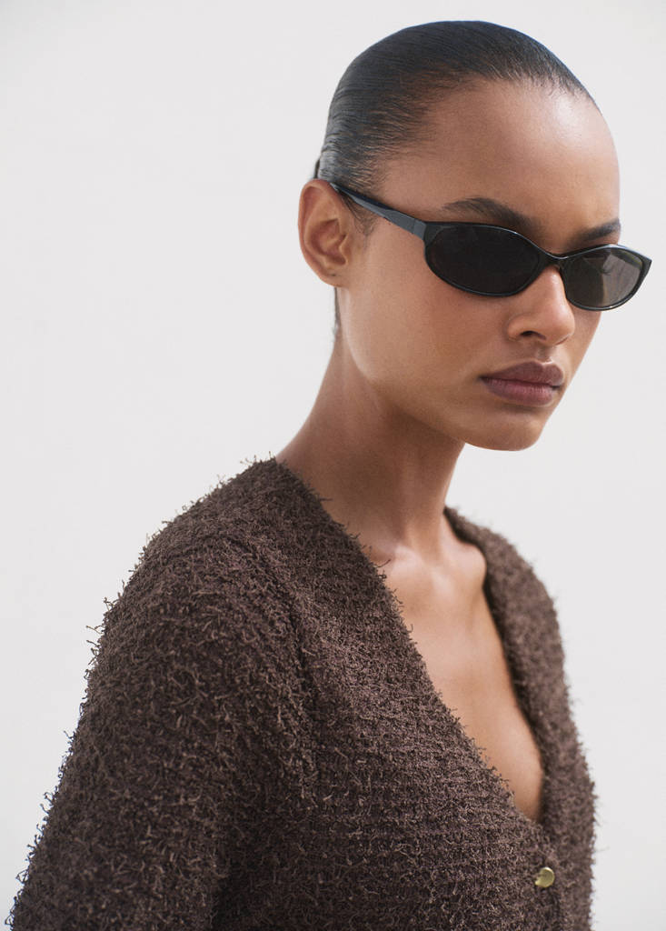 Short-sleeved bouclé cardigan — Chocolate