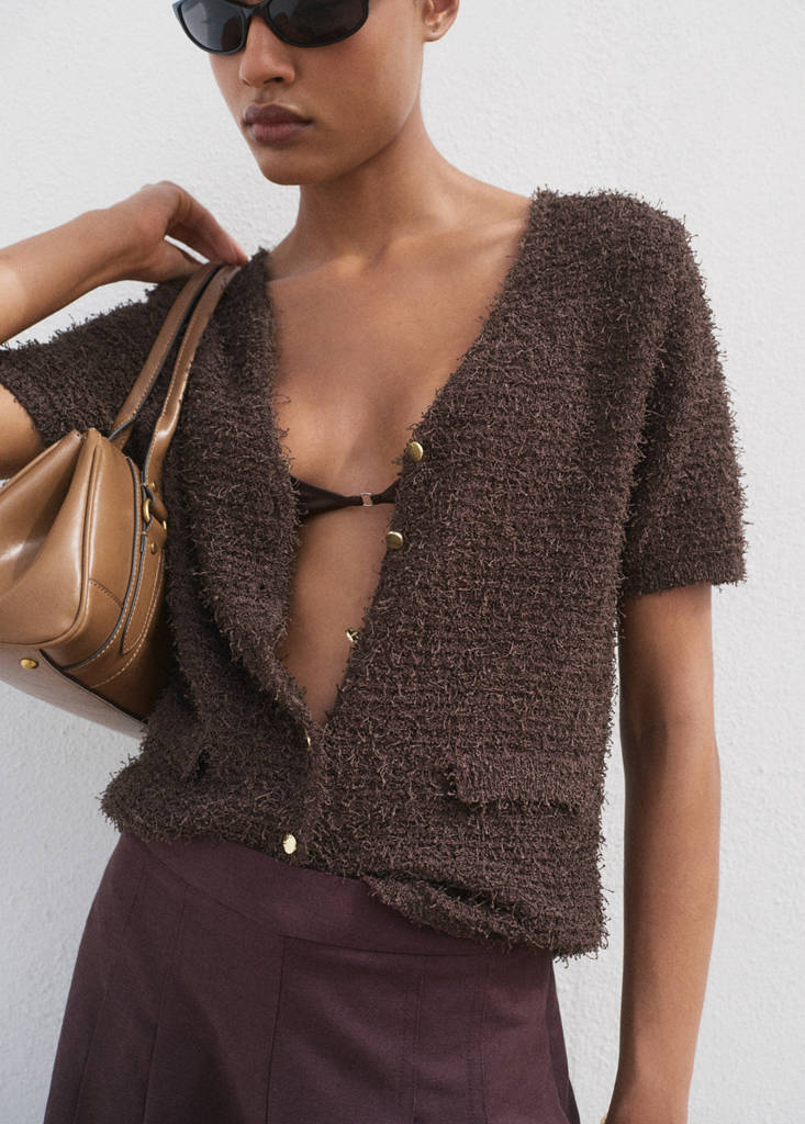 Short-sleeved bouclé cardigan — Chocolate