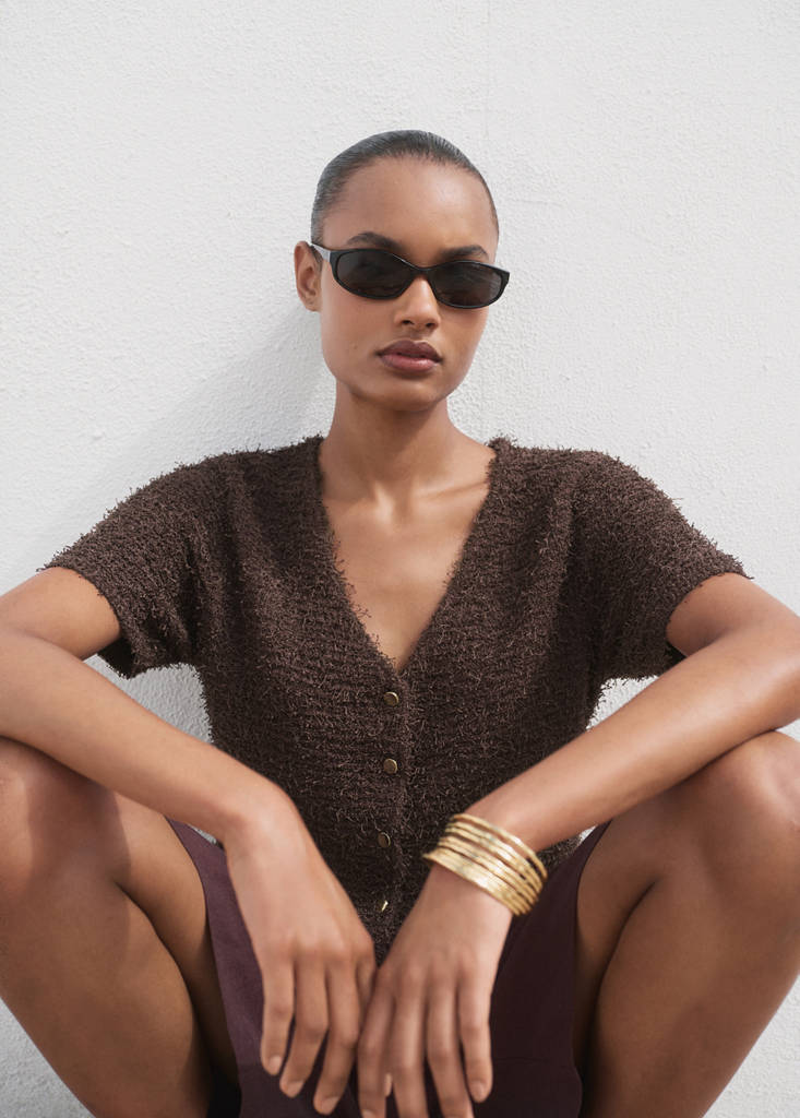 Short-sleeved bouclé cardigan — Chocolate