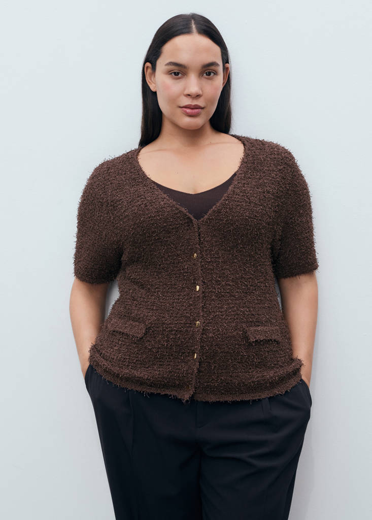 Short-sleeved bouclé cardigan — Chocolate