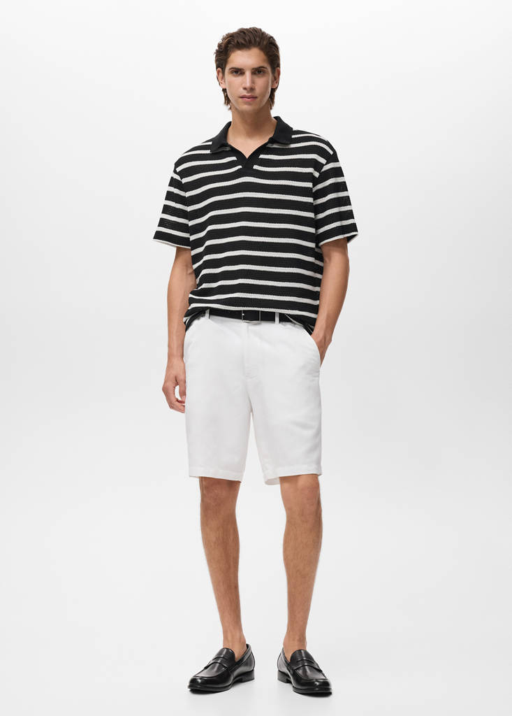 Striped braided knit polo shirt — Black