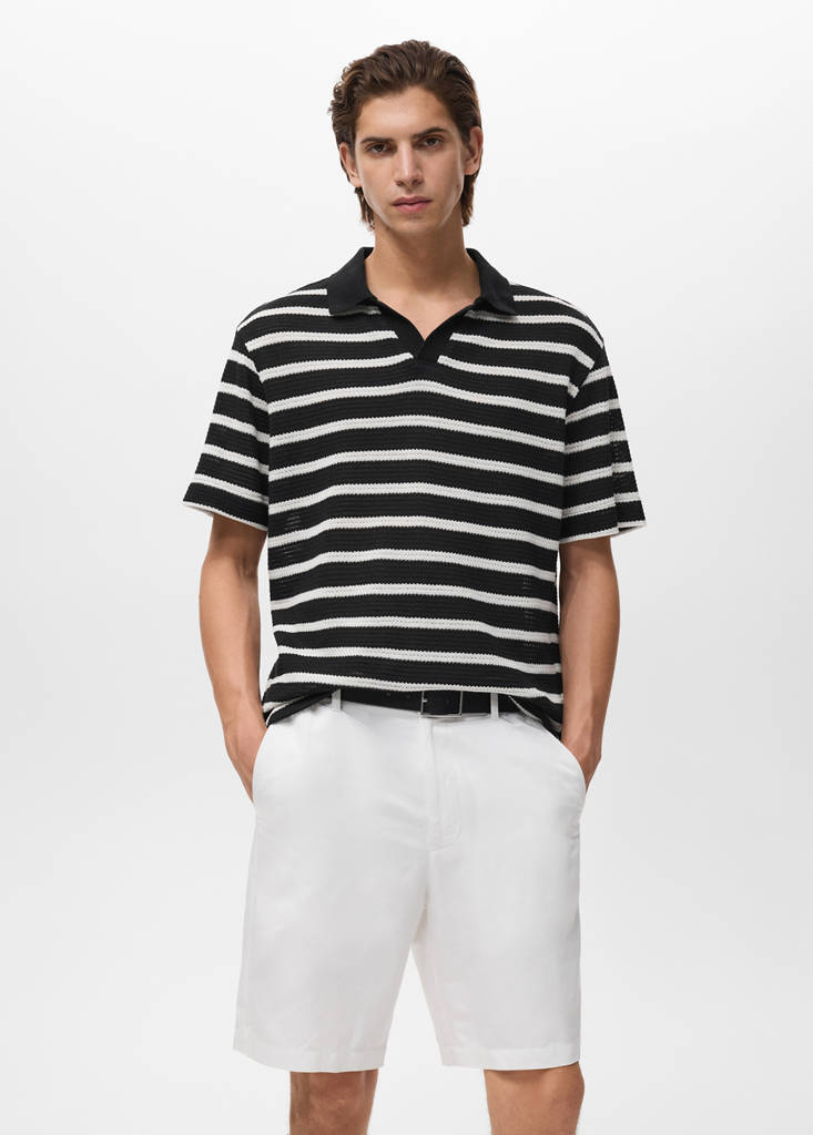 Striped braided knit polo shirt — Black