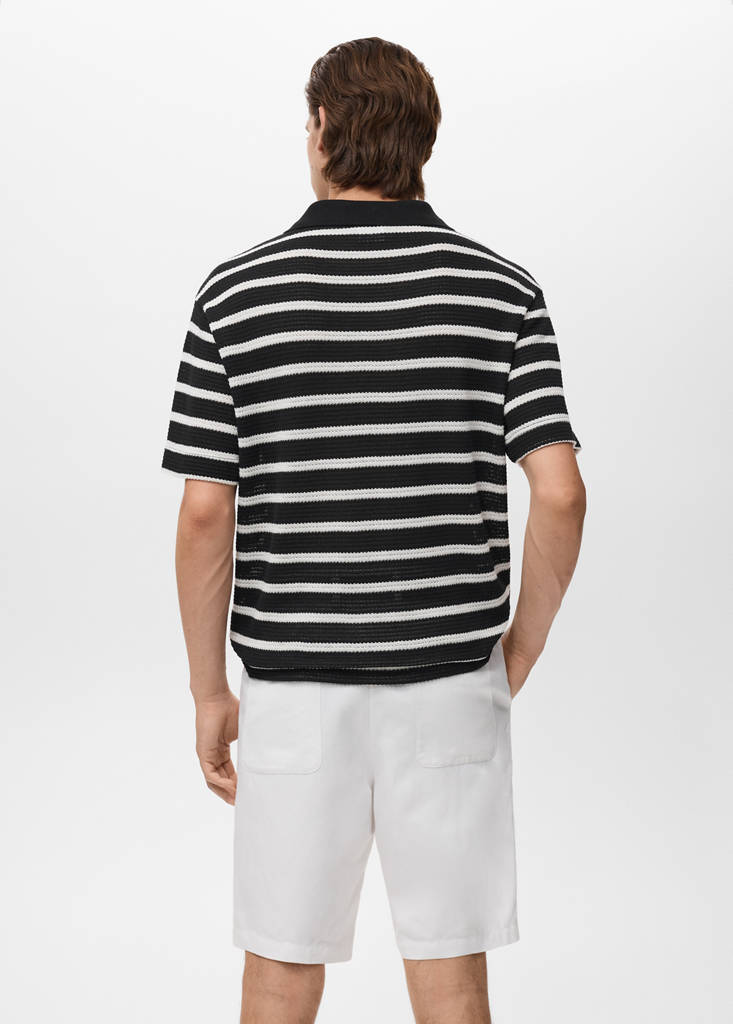 Striped braided knit polo shirt — Black