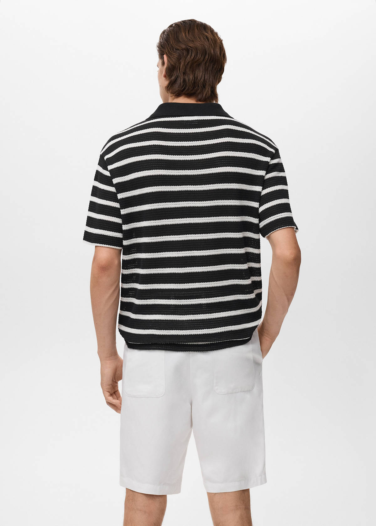 Striped braided knit polo shirt — Black