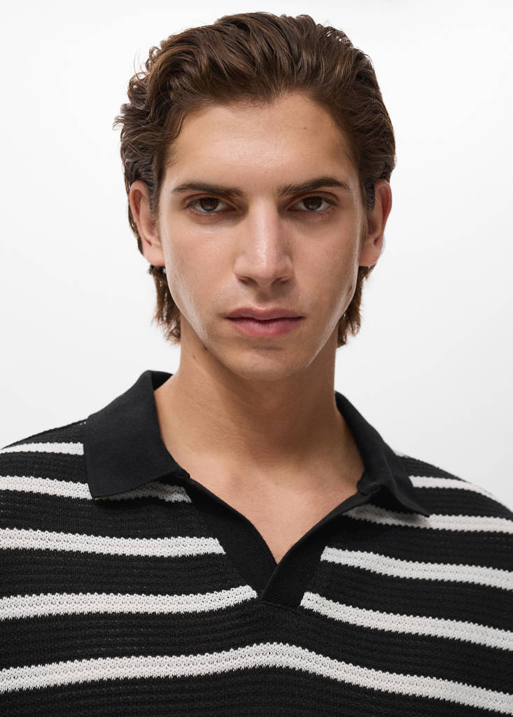 Striped braided knit polo shirt — Black