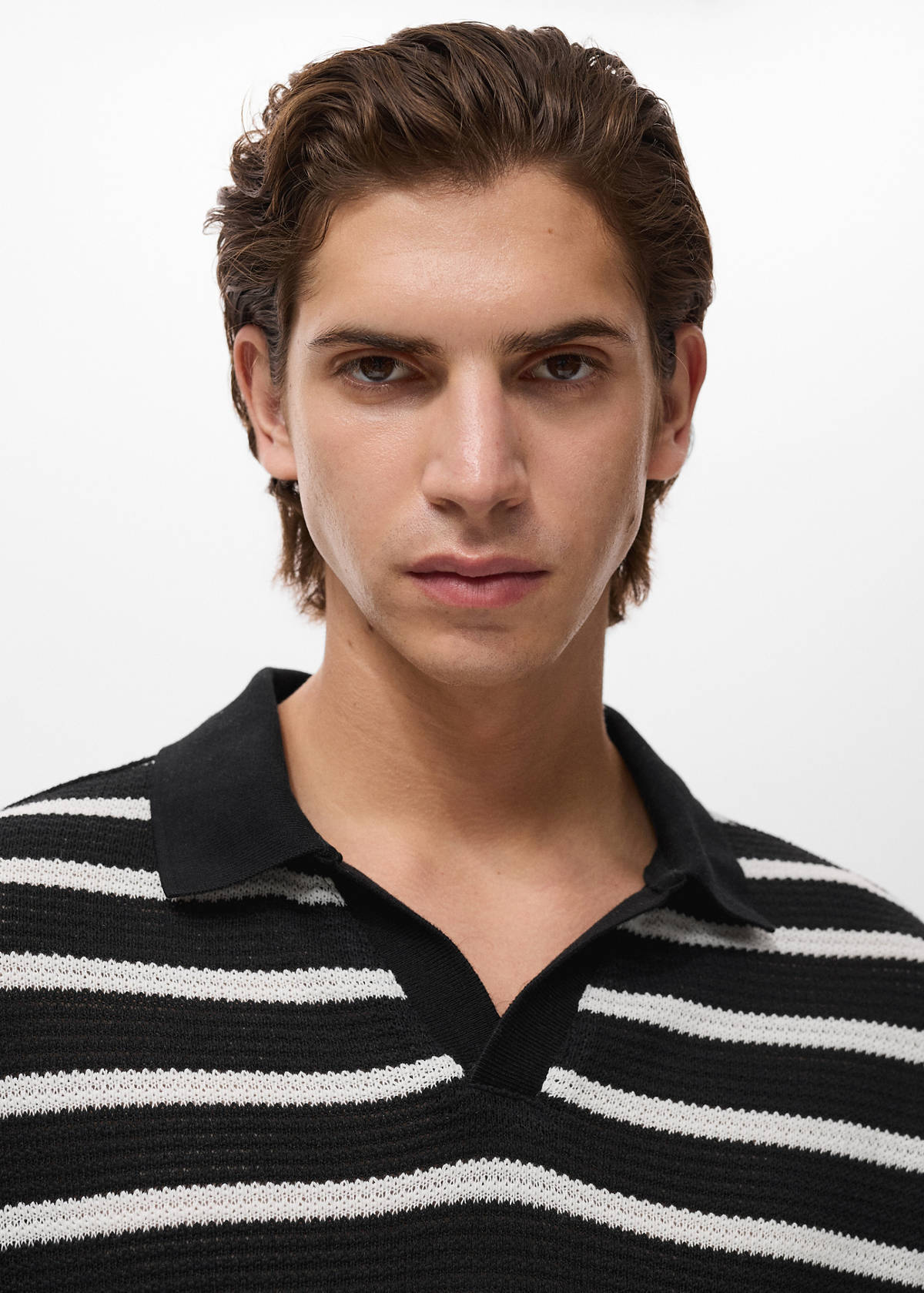 Striped braided knit polo shirt — Black