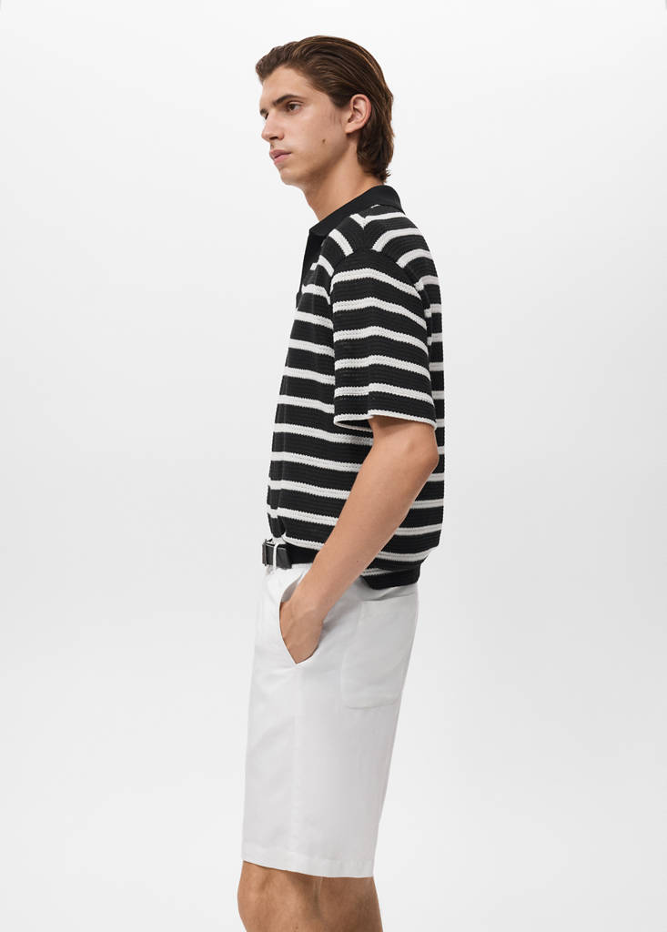 Striped braided knit polo shirt — Black